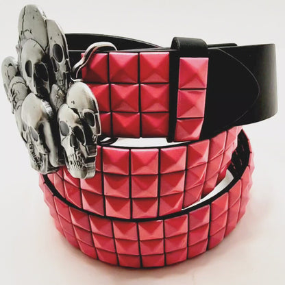 Skull Pile Belt Buckle and Pink Pyramid Studded Leather Belt