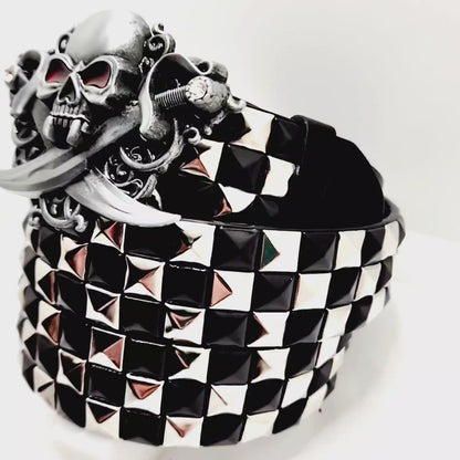Pirate Skull Belt Buckle and Pyramid Studded Leather Belt