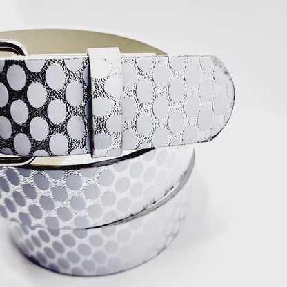 White and Silver Ovals on White Leather Belt