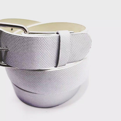 White and Silver Mesh on White Leather Belt