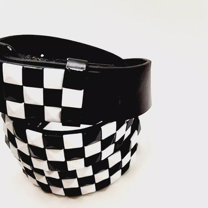 Black and White Checkered Pyramid Studded Leather Belt Punk
