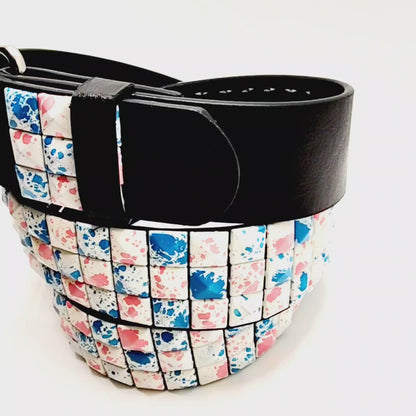 White Pink Blue Paint Spatter Pyramid Studded Leather Belt Punk