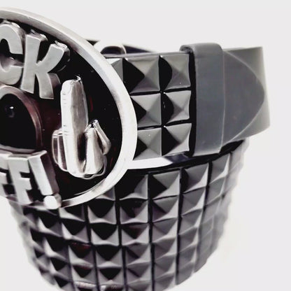 F*CK OFF! Middle Finger Belt Buckle Bottle Opener and Pyramid Studded Belt
